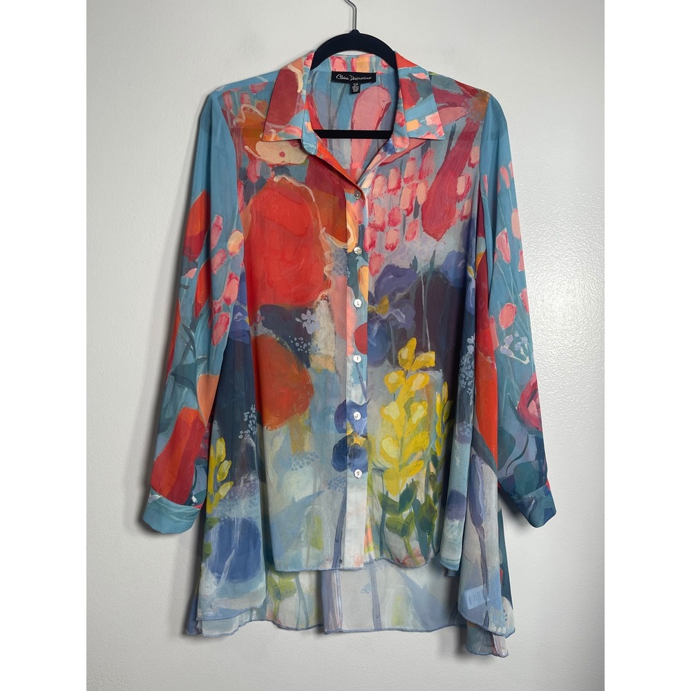 CLAIRE DESJARDINS Abstract Floral Tunic Blouse Small Multicolor Artsy Bohemian